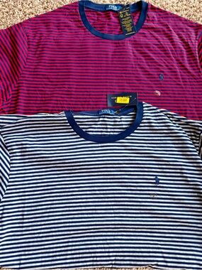 Two Polo Shirts-by Ralph Lauren Mens Striped Crew Tee in Navy/Grey and Red/Navy